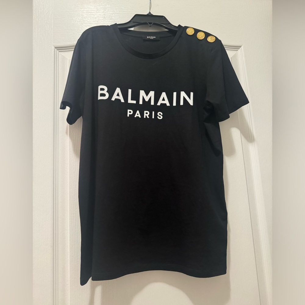 Balmain Button Shoulder Cotton Logo Graphic T-Shirt